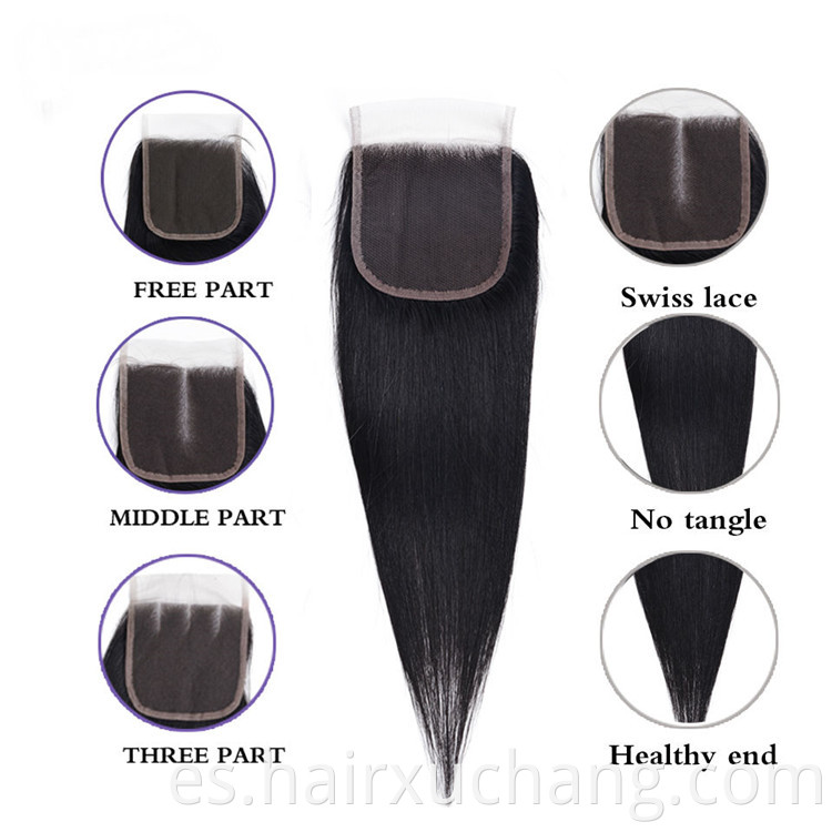 Extensiones de cabello indio crudo recto al por mayor 9A Grado 100 por ciento de cabello humano con cierre frontal de encaje